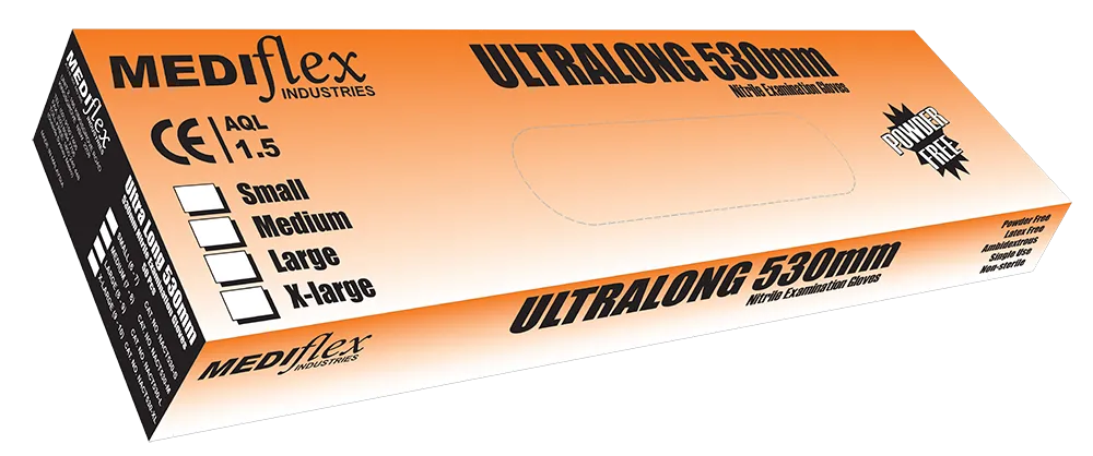 Ultralong 530mm powder free nitrile gauntlet gloves box by Mediflex in orange and black packaging